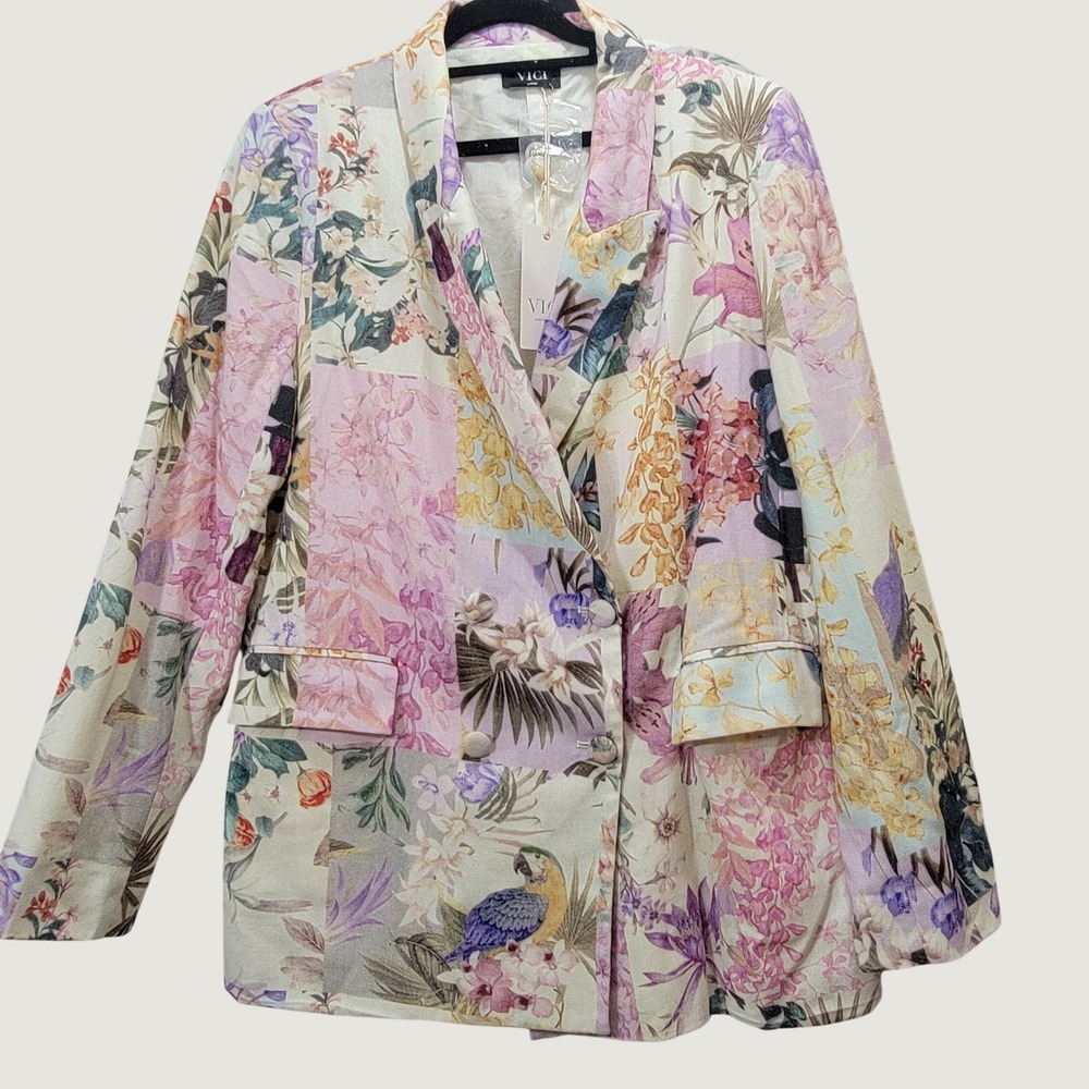 VICI x Fate Blazer Women L Multi Floral Tropical Patchwork Linen Double Breasted